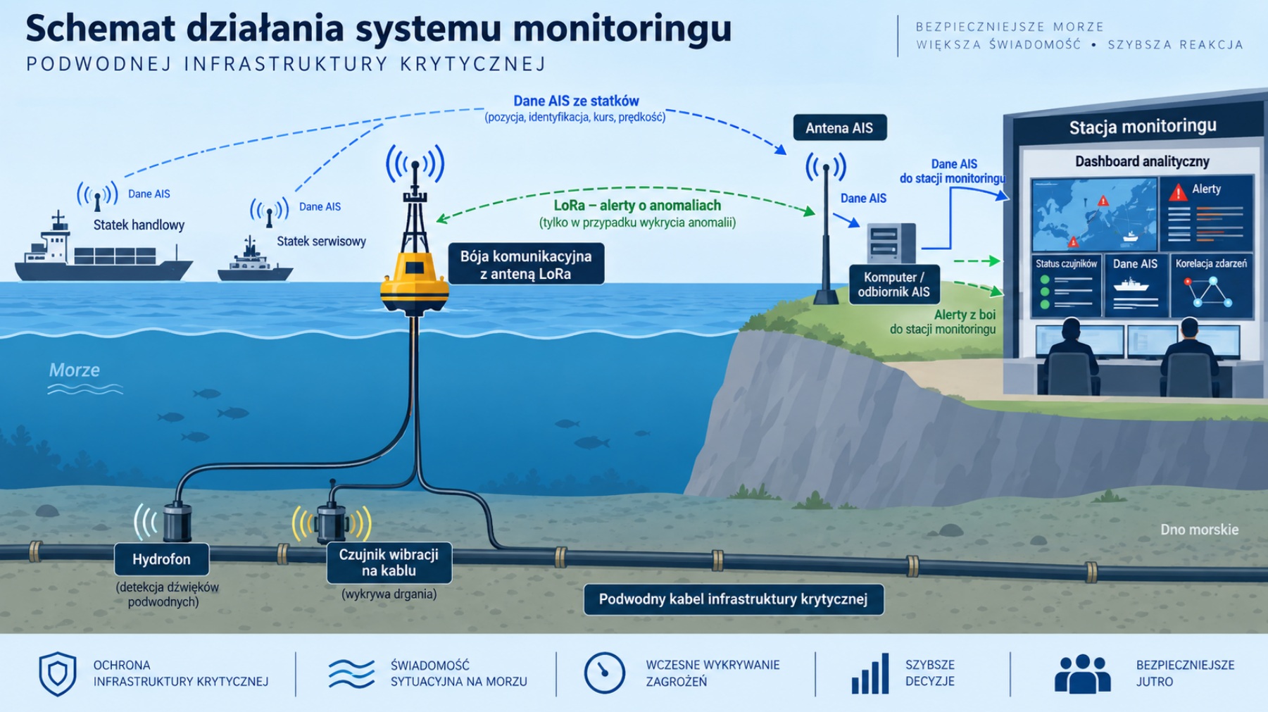 Schemat działania: hydrofon i czujnik wibracji na kablu, boja z anteną LoRa, antena AIS, stacja monitoringu z dashboardem